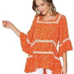Free People Revolve Orange Floral Talk About It Tunic with Lace Accents Medium